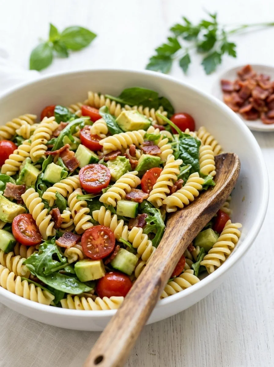Delicious BLT Pasta Salad with bacon, lettuce, and tomatoes in a bowl
