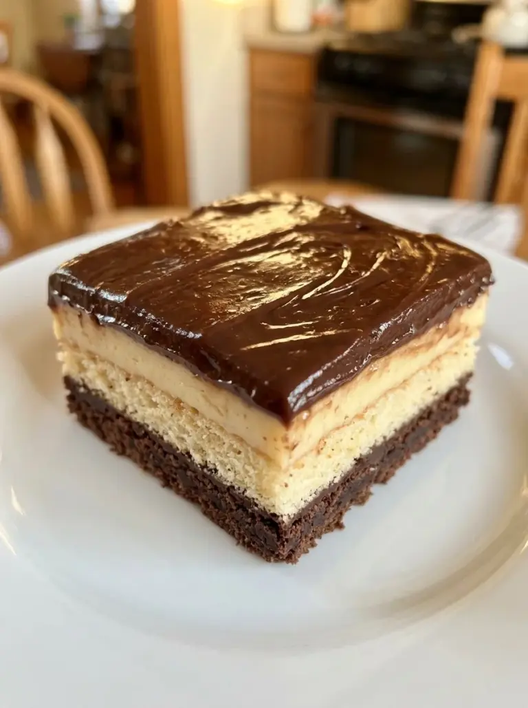 Delicious Boston Cream Poke Cake with chocolate frosting and cream filling