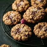 Chocolate chip oatmeal cookies with a golden brown appearance stacked on a plate.