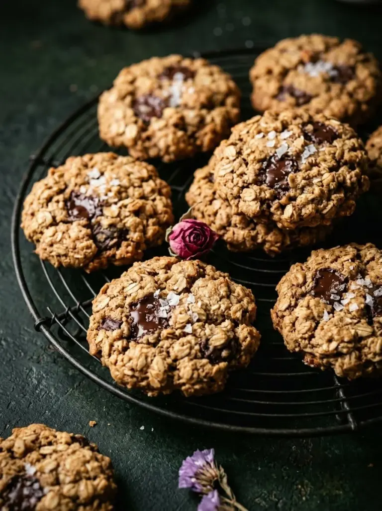 Chocolate chip oatmeal cookies with a golden brown appearance stacked on a plate.