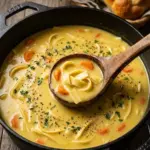 Creamy Crack Chicken Noodle Soup in a bowl with herbs and noodles