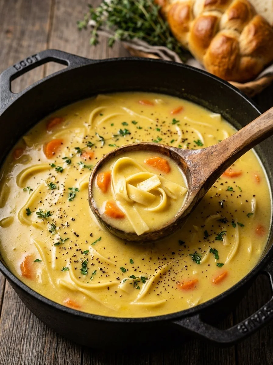 Creamy Crack Chicken Noodle Soup in a bowl with herbs and noodles