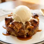 Delicious bread pudding served with rich vanilla custard