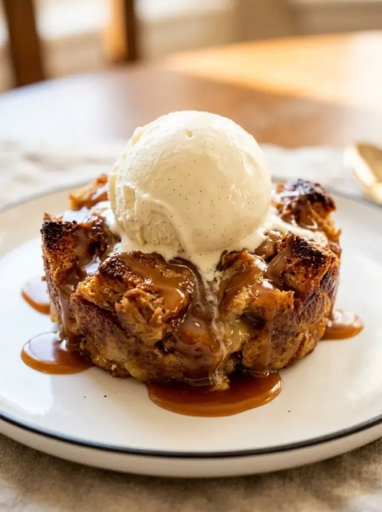 Delicious bread pudding served with rich vanilla custard