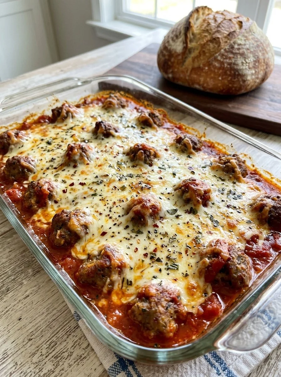 Dump and bake meatball casserole topped with cheese and herbs in a baking dish