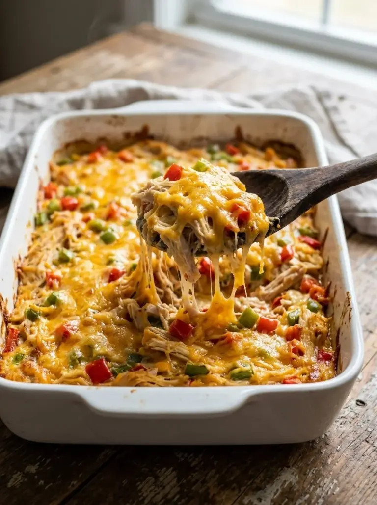 Fajita Chicken Casserole topped with peppers and cheese, served in a baking dish.