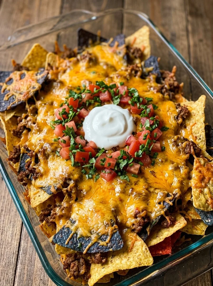 Flavor-Packed Walking Taco Bake served in taco chips, topped with cheese and toppings.