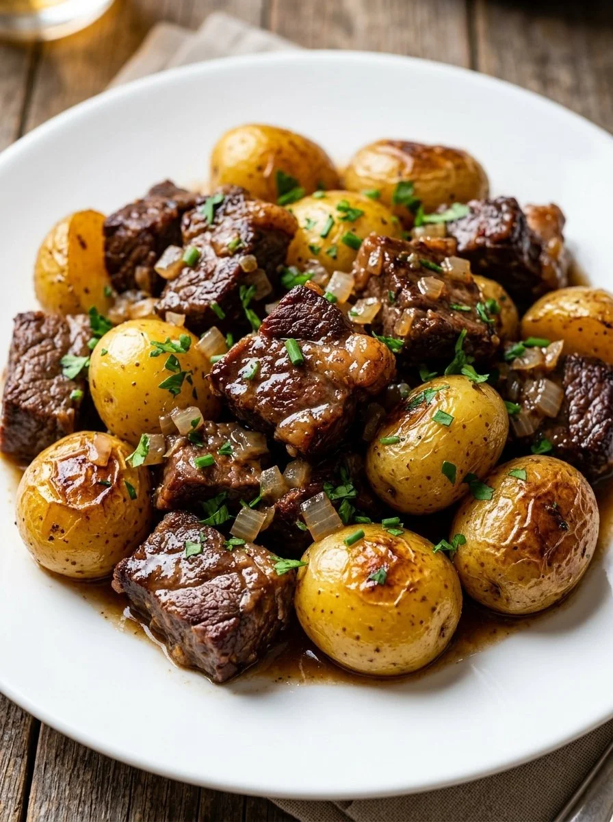 Delicious Garlic Butter Steak Bites served with crispy potatoes