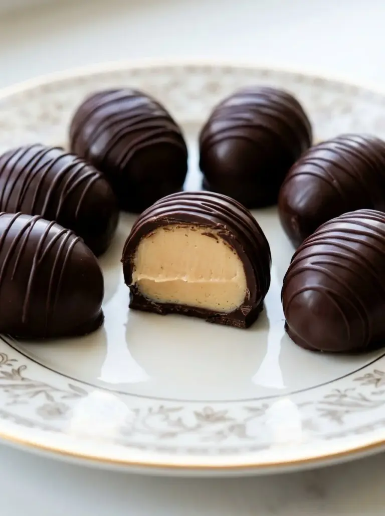 Delicious homemade peanut butter eggs on a plate with chocolate coating.