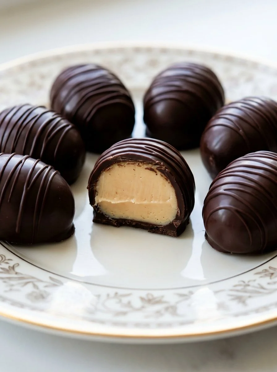 Delicious homemade peanut butter eggs on a plate with chocolate coating.