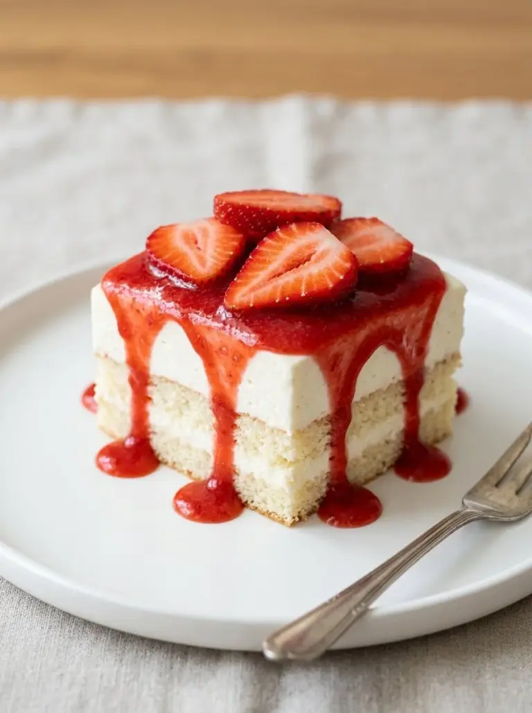 Delicious homemade strawberry shortcake topped with fresh strawberries and whipped cream