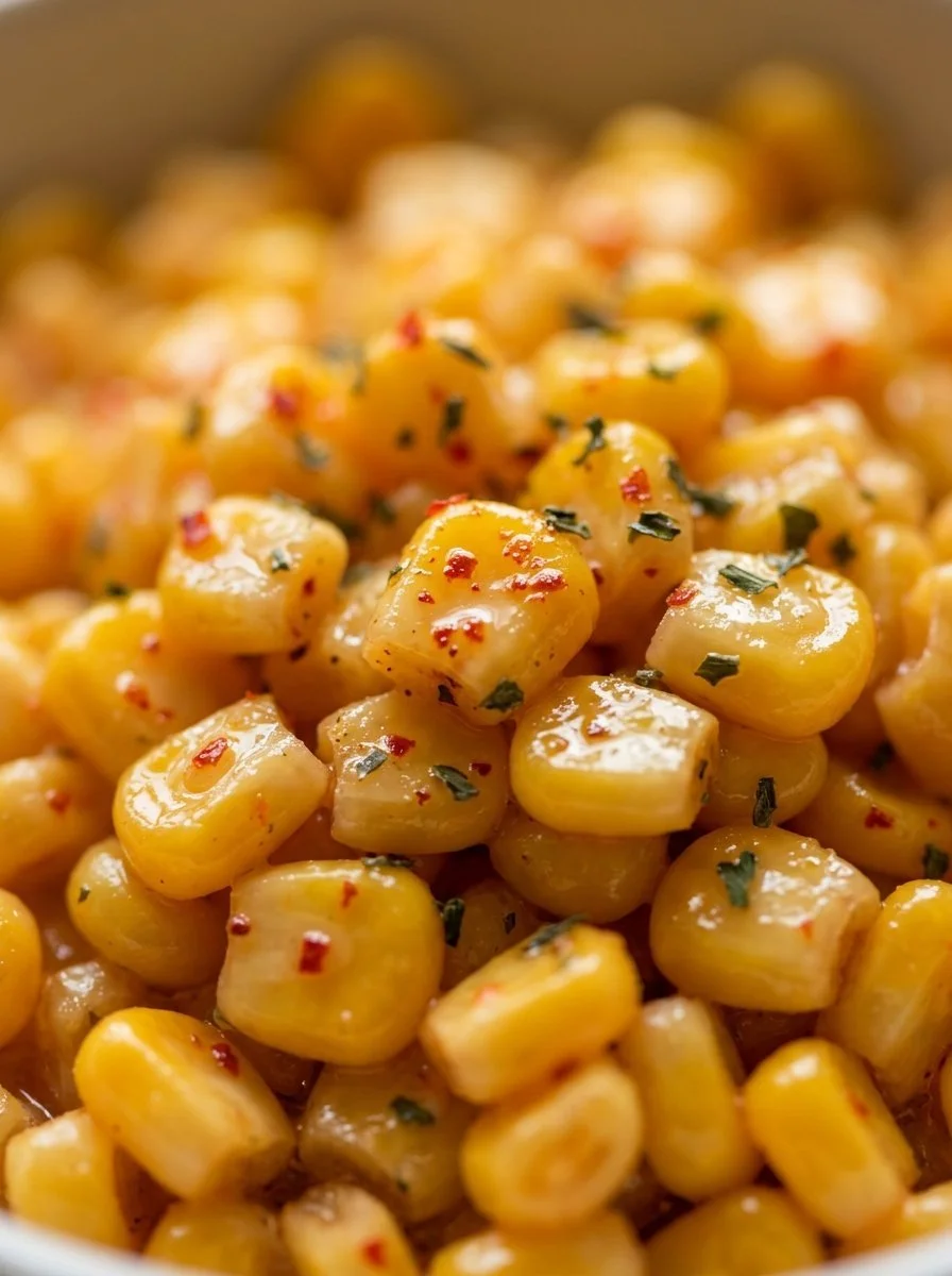 Delicious Honey Butter Skillet Corn in a cast iron skillet garnished with fresh herbs