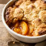 Delicious hot peach cobbler served in a dish with a golden crust