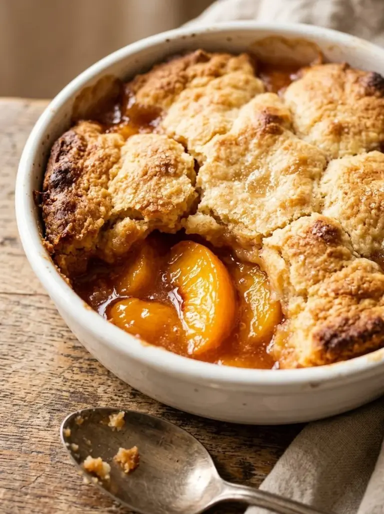 Delicious hot peach cobbler served in a dish with a golden crust