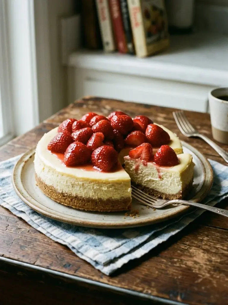 Slice of incredible strawberry cheesecake garnished with fresh strawberries