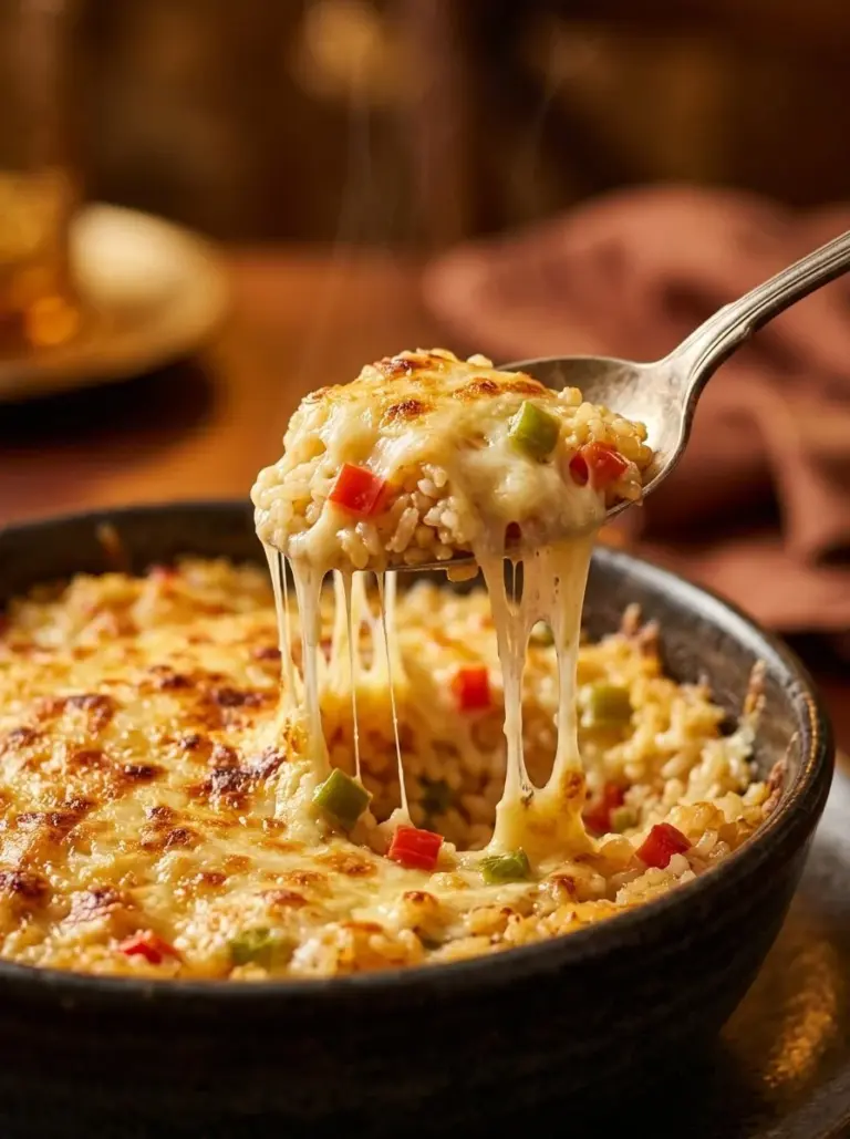 Delicious Pepper Jack Rice Bake topped with melted cheese and herbs.