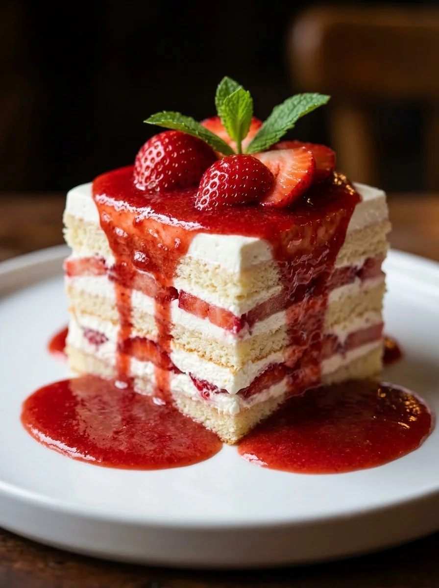 Irresistible strawberry lasagna dessert with layers of strawberries and creamy filling.