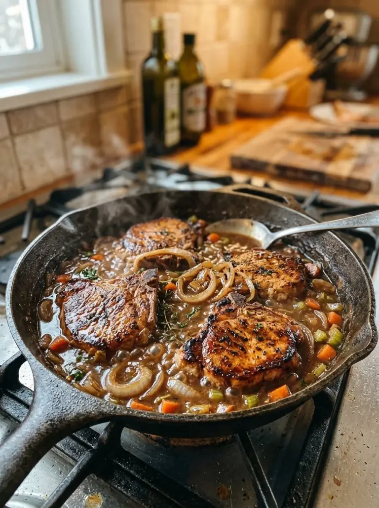 Juicy pork chops topped with savory onion gravy served on a plate