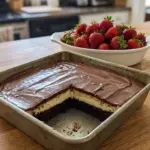 No bake chocolate eclair cake topped with chocolate glaze and whipped cream.