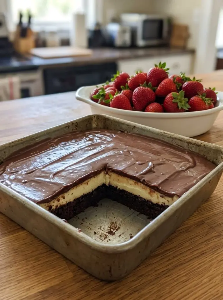 No bake chocolate eclair cake topped with chocolate glaze and whipped cream.