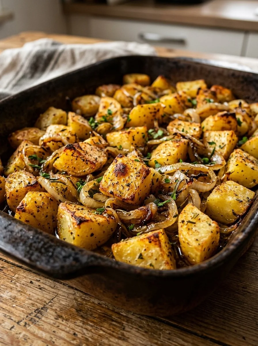 Oven Baked Amish Roasted Potatoes and Onions served in a rustic dish