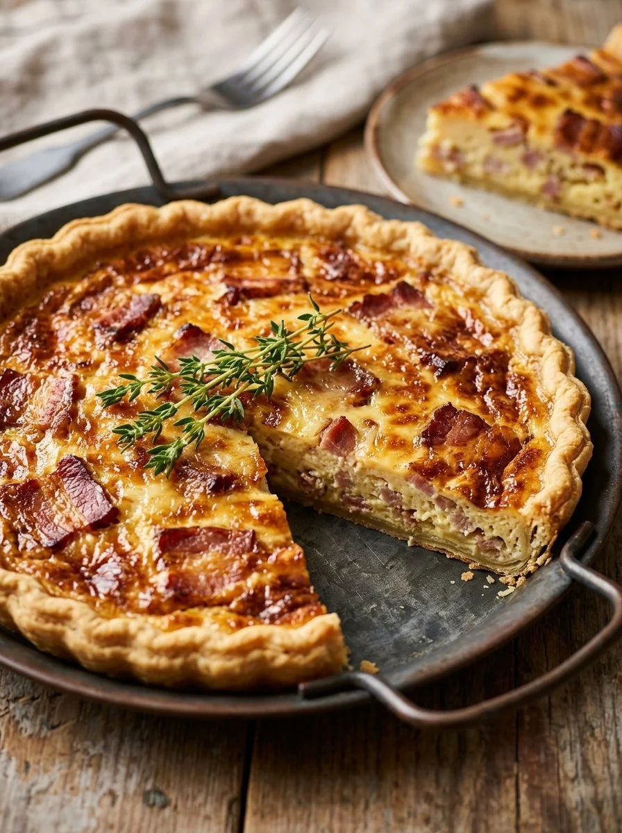 Delicious Pioneer Woman Cowboy Quiche served with fresh herbs and vegetables.