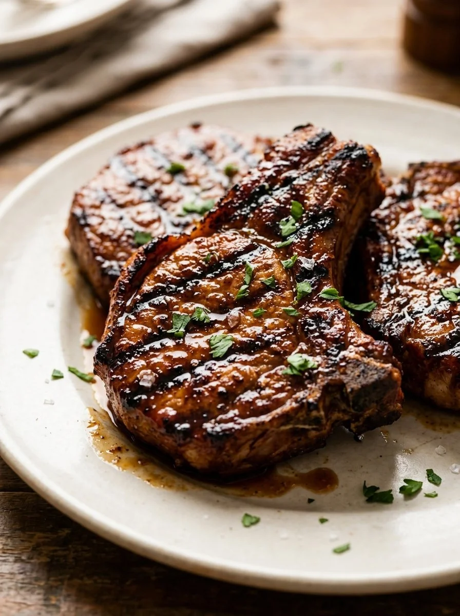 Savory grilled brown sugar glazed pork chops on a plate ready to serve