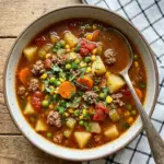 Bowl of savory hamburger soup garnished with herbs and vegetables