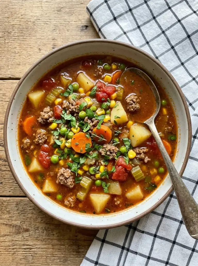 Bowl of savory hamburger soup garnished with herbs and vegetables