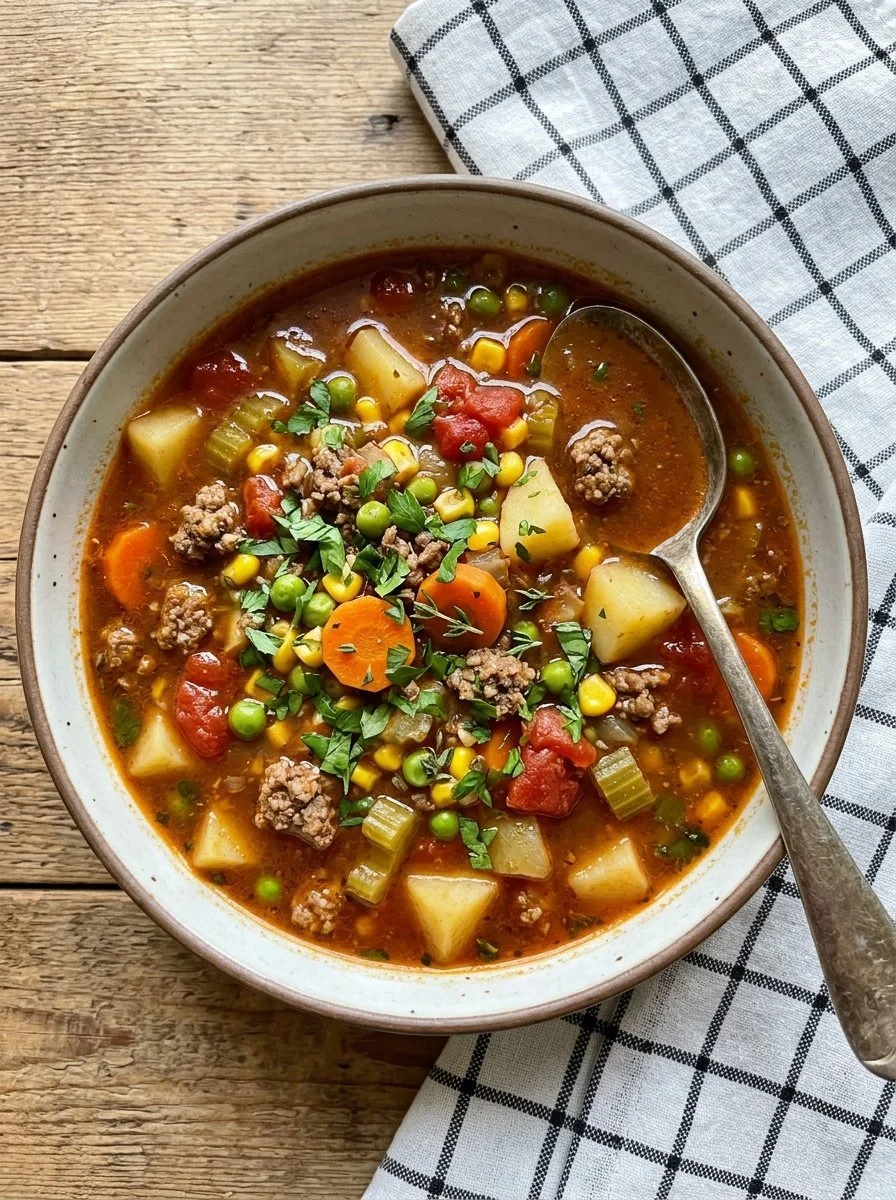 Bowl of savory hamburger soup garnished with herbs and vegetables