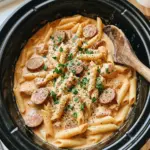 Delicious Slow Cooker Cajun Chicken Alfredo with Sausage served in a creamy sauce