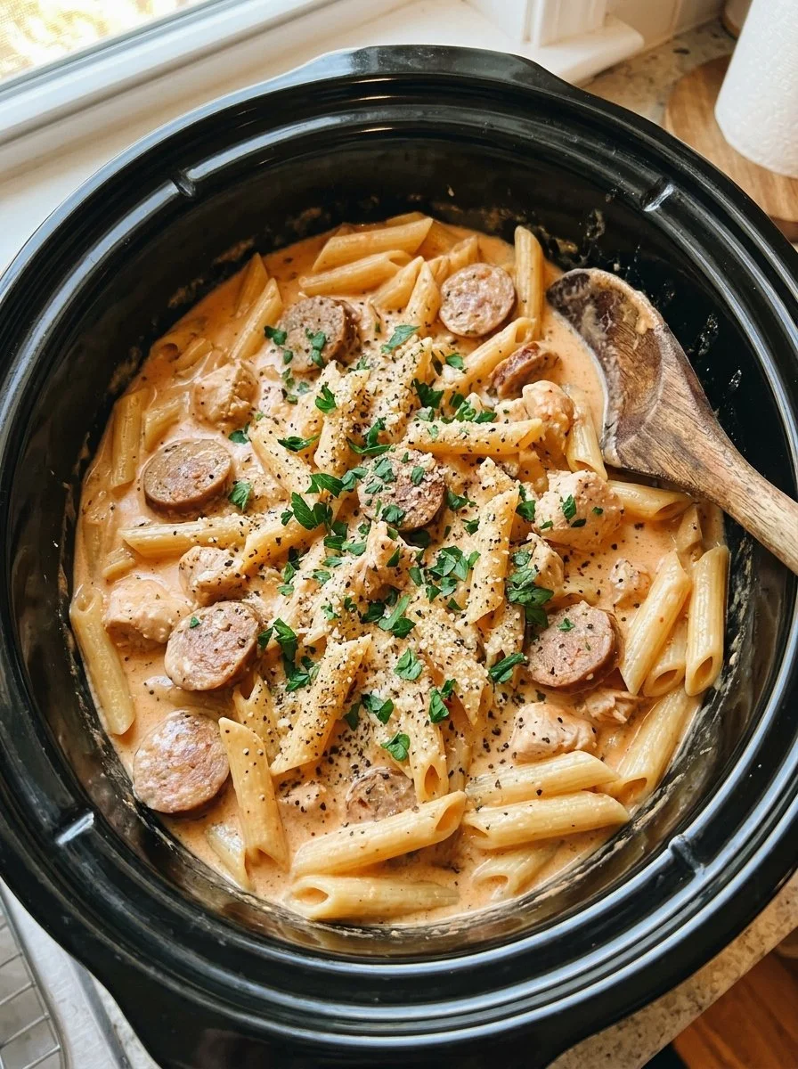 Delicious Slow Cooker Cajun Chicken Alfredo with Sausage served in a creamy sauce
