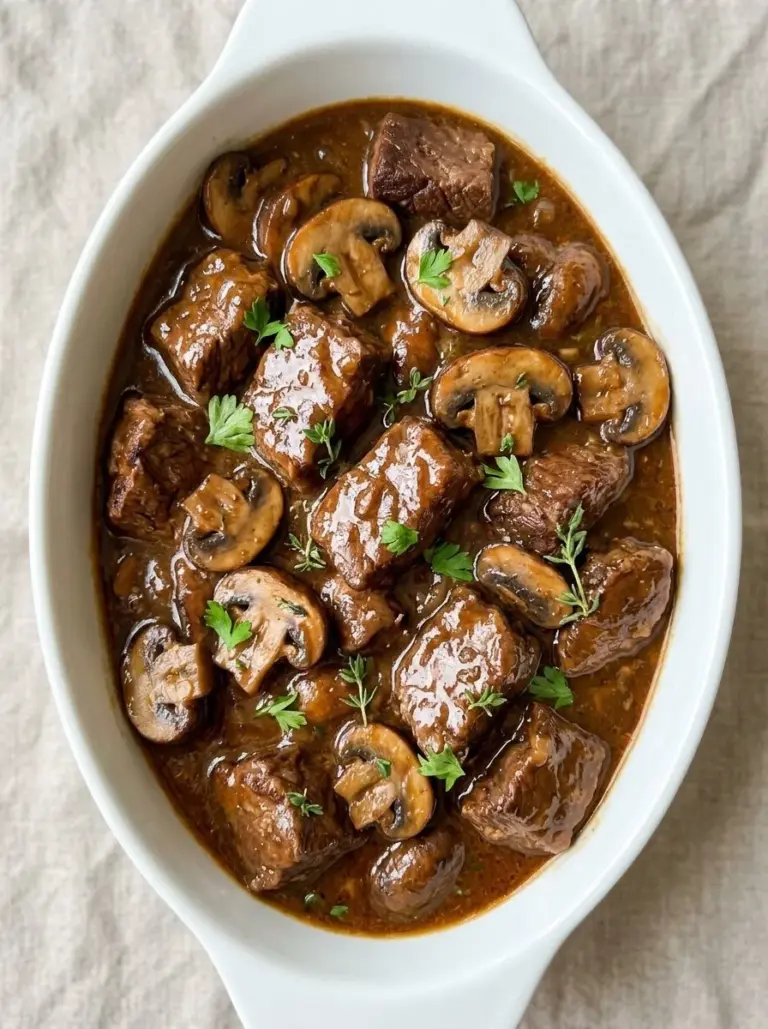 Tender slow cooker mushroom beef tips with a side of vegetables