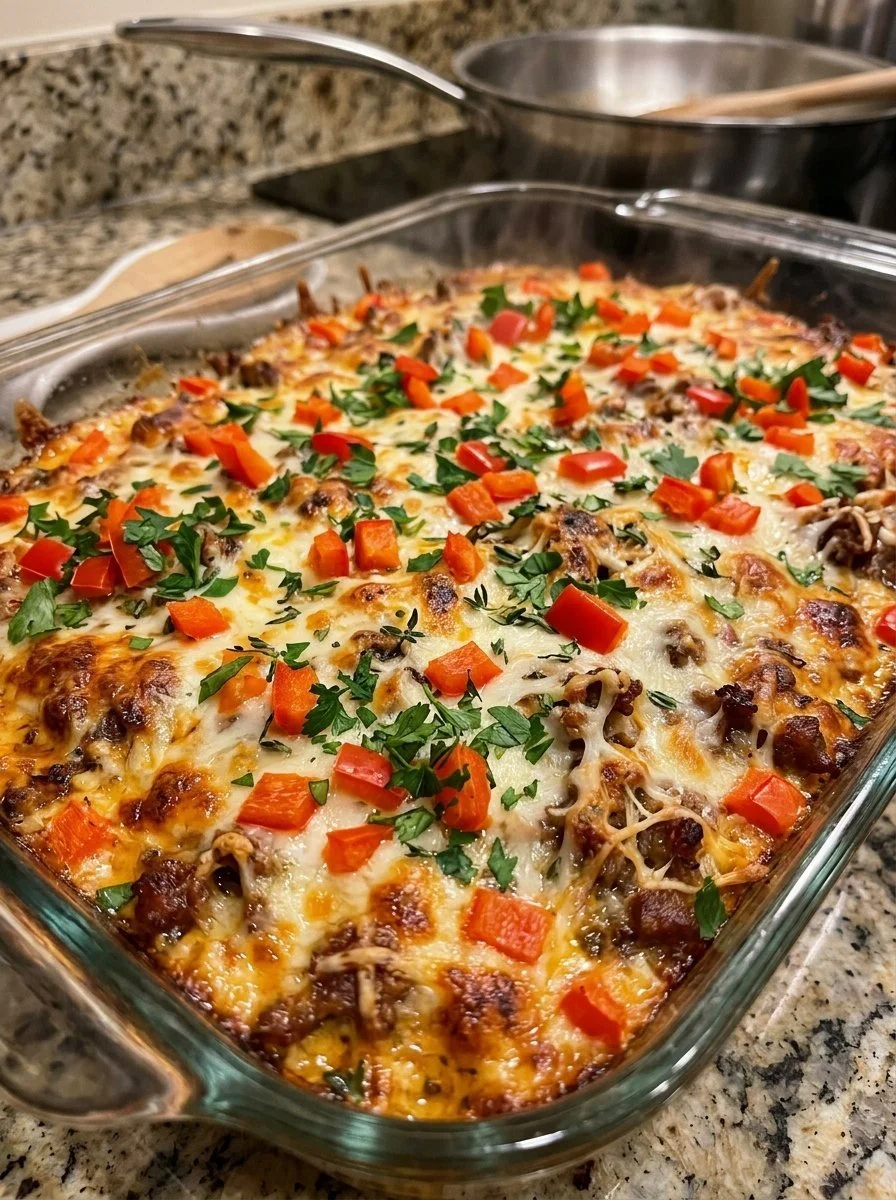 Delicious Philly cheesesteak casserole topped with cheese and peppers.