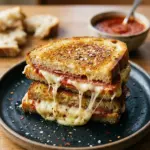 Ultimate pizza grilled cheese sandwich with melted cheese and toppings