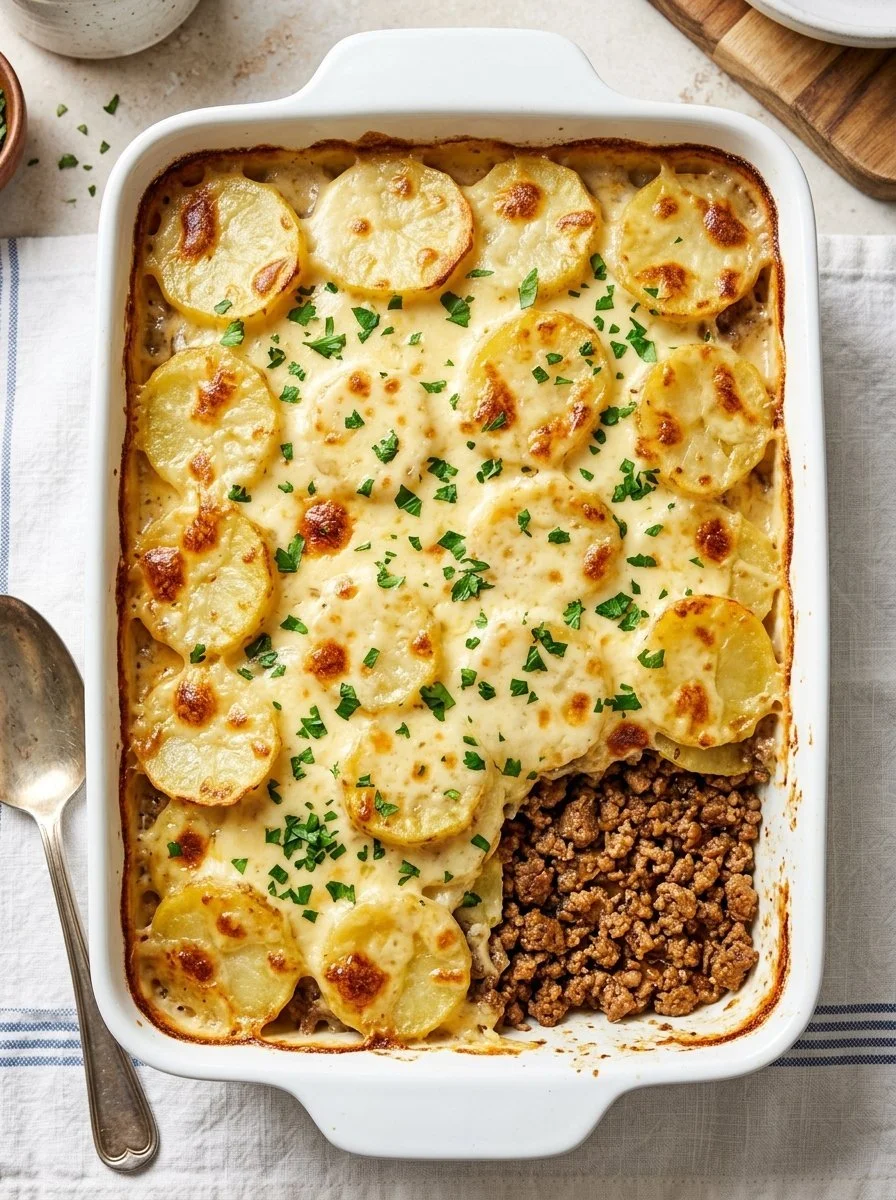 Vintage beef and potato bake dish served fresh from the oven